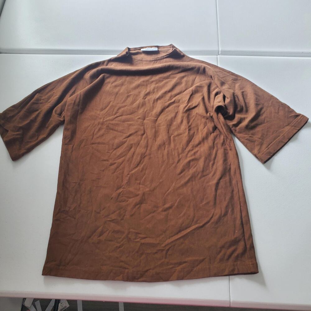 Bryn Walker Tunic Shirt Womens XXS Brown Bamboo Mock Neck Short Sleeve Stretch